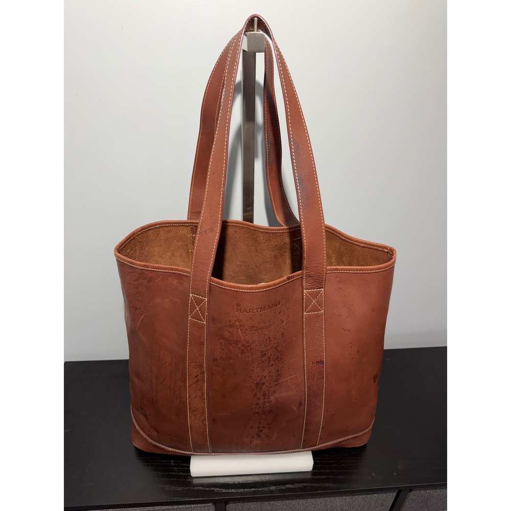 Hartmann Vintage Cognac Leather Tote Bag Brown Shoulder Carryall Large